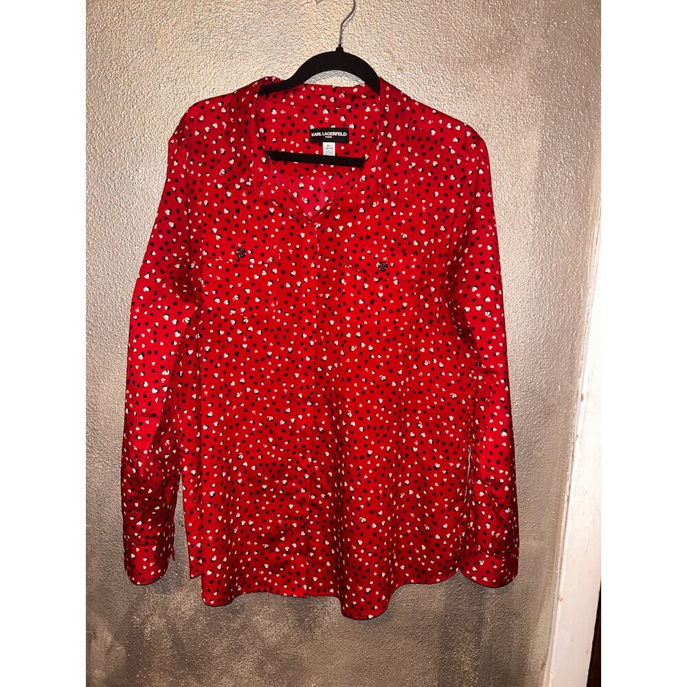 Karl Lagerfeld Hearts Valentine Date Nite Preppy Red Black White  Button Up Top